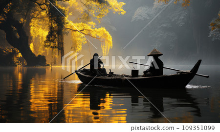 Boat in early morning sunshine at lake. Asian fisherman Thailand, Vietnam 109351099