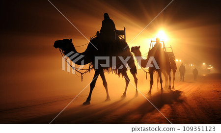 Camels with riders in sunset. Caravan in desert 109351123