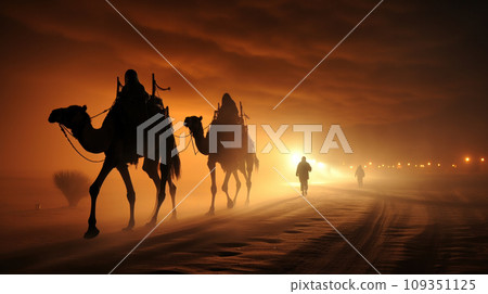 Camels with riders in sunset. Caravan in desert Camels with riders in sunset. Caravan in desert 109351125