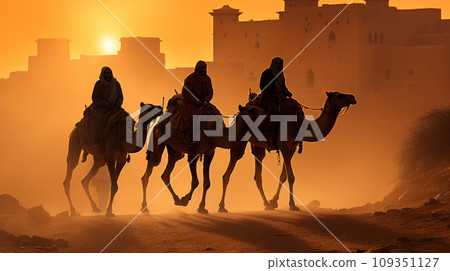 Camels with riders in sunset. Caravan in desert 109351127