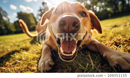 Happy dog on green grass with a fish eye lens 109351135