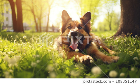 Happy german shepherd dog on green grass with fish eye lens Happy german shepherd dog on green grass with fish eye lens 109351147