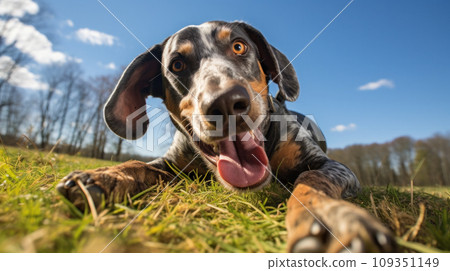 Happy dog on green grass with a fish eye lens 109351149