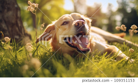 Happy dog on green grass with fish eye lens Happy dog on green grass with fish eye lens 109351153