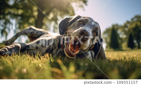 Happy dog on green grass with fish eye lens Happy dog on green grass with fish eye lens 109351157