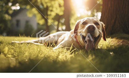 Happy dog on green grass with fish eye lens 109351163