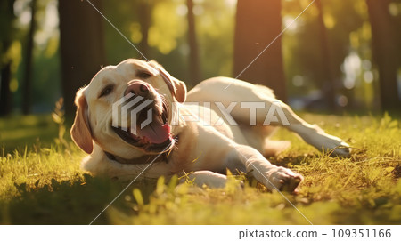 Happy dog on green grass with fish eye lens Happy dog on green grass with fish eye lens 109351166