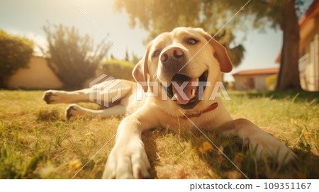 Happy dog on green grass with fish eye lens Happy dog on green grass with fish eye lens 109351167
