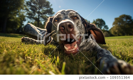 Happy dog on green grass with fish eye lens Happy dog on green grass with fish eye lens 109351364