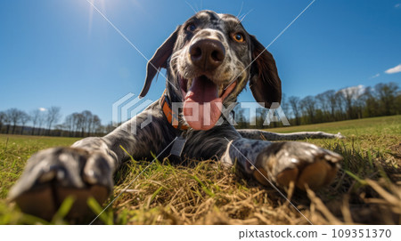 Happy dog on green grass with fish eye lens Happy dog on green grass with fish eye lens 109351370