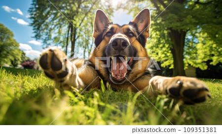 Happy german shepherd dog on green grass with a fish eye lens Happy german shepherd dog on green grass with a fish eye lens 109351381