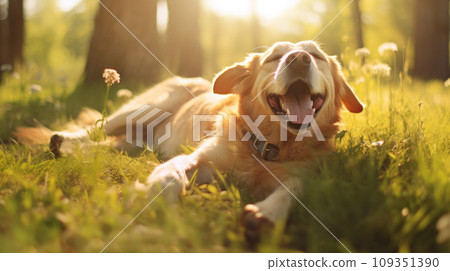 Happy dog on green grass with fish eye lens 109351390