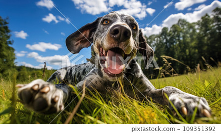 Happy dog on green grass with fish eye lens Happy dog on green grass with fish eye lens 109351392