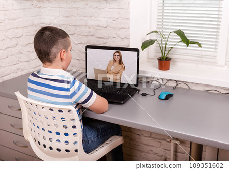 Smart happy kid boy talking with remote web teacher on social distance 109351602