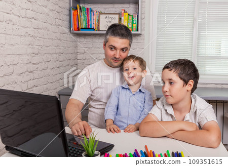 Happy family having video call on tablet computer. Communication 109351615