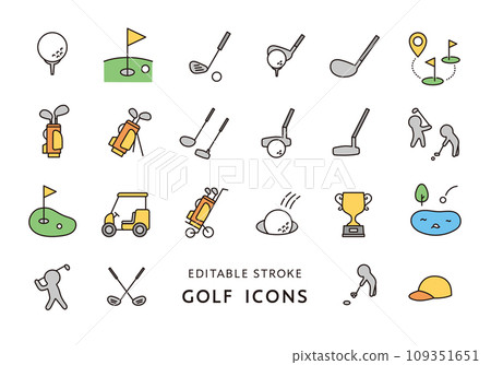 與高爾夫相關的圖標集(顏色) 與高爾夫相關的圖標集(顏色) 109351651