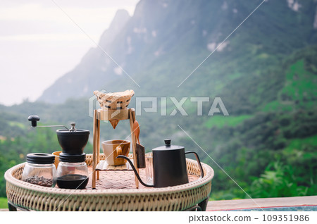 Drip coffee set morning mountain view 109351986