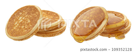 Stack of pancakes with flowing honey isolated on white background Stack of pancakes with flowing honey isolated on white background 109352128