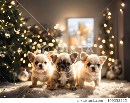 Three french bulldogs looking at the camera 109352225