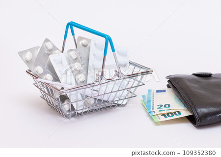 Pills and Capsules in a Shopping Basket and Black Wallet with Euro Money 109352380
