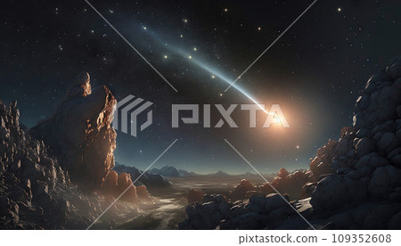 Comet fly by the bright star viewed from the plant surface. Beauty of universe. Generative AI 109352608