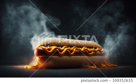 Super delicious hot dog with mustard and vegetables on dark background. Generative AI 109352633