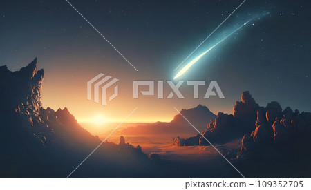 Comet fly by the bright star viewed from the plant surface. Beauty of universe. Generative AI 109352705