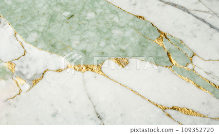 Green and white marble with golden veins background. Generative AI 109352720