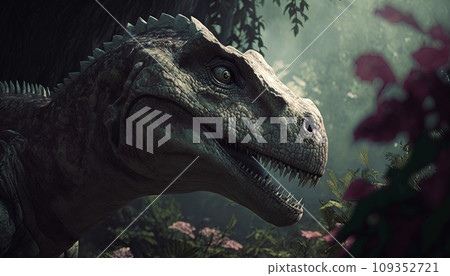Closeup on head with sharp teeth of carnivorous dinosaur. Prehistoric predator. Generative AI 109352721