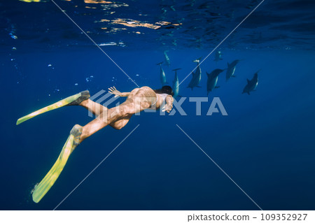 Woman swims with dolphins family in blue ocean in Mauritius 109352927