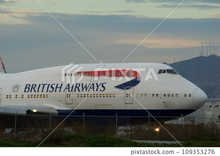 SAN FRANCISCO, CALIFORNIA, UNITED STATES - NOV 27, 2018: British Airways Boeing 747-400 on the tarmac at San Francisco International Airport SFO before take-off SAN FRANCISCO, CALIFORNIA, UNITED STATES - NOV 27, 2018: British Airways Boeing 747-400 on the tarmac at San Francisco International Airport SFO before take-off 109353276