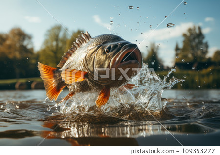 Big perch fish jumping with splashing Big perch fish jumping with splashing 109353277
