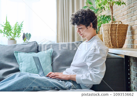 Young guy sitting on sofa in living room typing on laptop Young guy sitting on sofa in living room typing on laptop 109353662