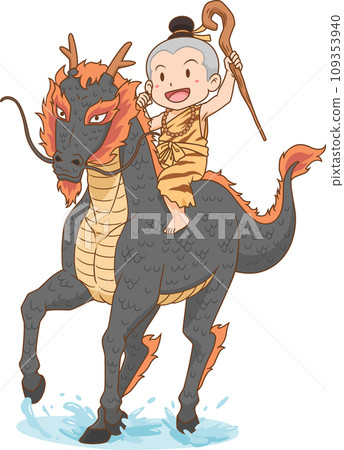 Cartoon hermit boy riding a black dragon horse. 109353940