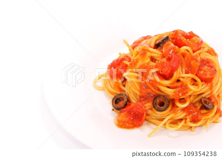 Pasta with tomato sauce, black olives, white background Pasta with tomato sauce, black olives, white background 109354238
