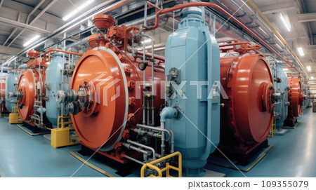 Modern industrial gas boiler room equipped for heating process Modern industrial gas boiler room equipped for heating process 109355079