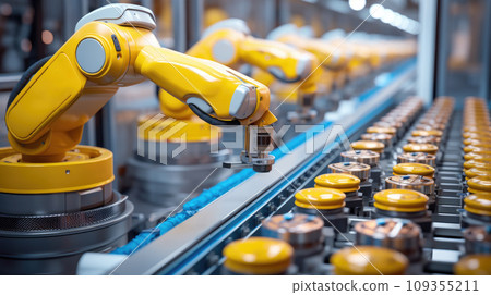 Yellow industrial robot arm at production line at modern bright factory 109355211
