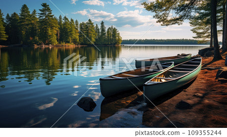 Three canoes parked on a lake with spectacular landscape 109355244