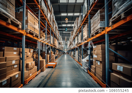 A large warehouse with rows of shelves with boxes, logistics concept 109355245