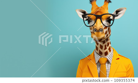 Trendy giraffe with a yellow jacket and glasses on a blue color background 109355374