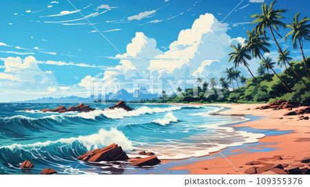A calm empty beach landscape, with palm trees swaying in the wind 109355376