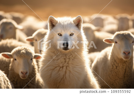 The wolf surrounded by a herd of sheep 109355592