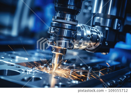 CNC laser machine cutting sheet metal with light spark 109355712
