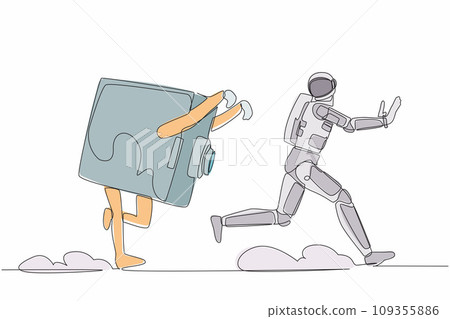 Single continuous line drawing astronaut being chased by safe deposit box in moon surface. Financial secure system, banking protection. Cosmonaut deep space. One line draw design vector illustration 109355886