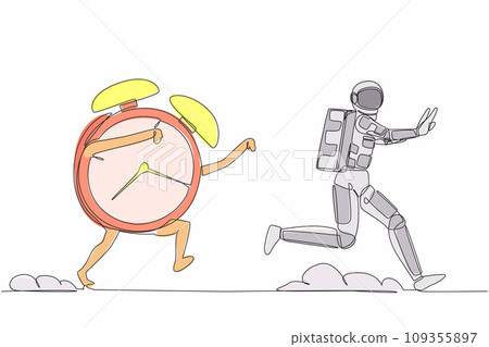 Continuous one line drawing astronaut being chased by alarm clock. Hurry in expedition deadline project. Running out of working time. Cosmonaut outer space. Single line draw design vector illustration 109355897