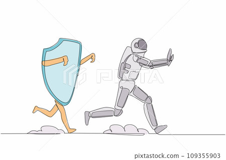 Single one line drawing astronaut being chased by shield. Afraid about budget increasing of healthcare insurance for space company. Cosmic galaxy space. Continuous line draw design vector illustration 109355903