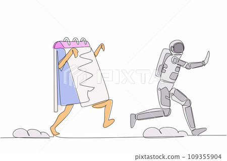 Single continuous line drawing young astronaut being chased by calendar. Afraid with spaceship exploration project schedule deadline. Cosmonaut deep space. One line graphic design vector illustration Single continuous line drawing young astronaut being chased by calendar. Afraid with spaceship exploration project schedule deadline. Cosmonaut deep space. One line graphic design vector illustration 109355904