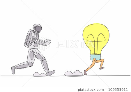 Continuous one line drawing young astronaut run chasing light bulb in moon surface. Innovation in discovery of new planets. Cosmonaut outer space concept. Single line draw design vector illustration 109355911