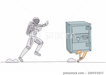 Single one line drawing of young astronaut run chasing safe deposit box in moon surface. Financial security protection. Cosmic galaxy space concept. Continuous line graphic design vector illustration 109355937