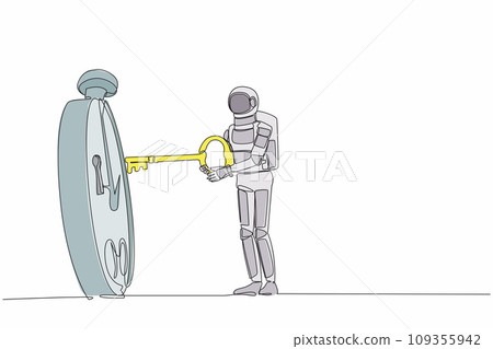 Continuous one line drawing young astronaut putting big key into stopwatch. Effective planning for productive work in space company. Cosmonaut outer space. Single line draw design vector illustration 109355942
